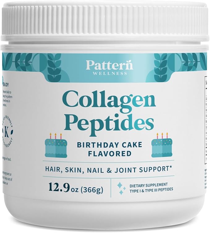 Pattern Wellness Collagen Peptides Powder (Type I & III) - Hair, Nails, Skin and Joint Health - Grass Fed & Pasture Raised - Hydrolyzed Collagen, Non-GMO, Dairy Free, & Keto - Birthday Cake (13 Oz)