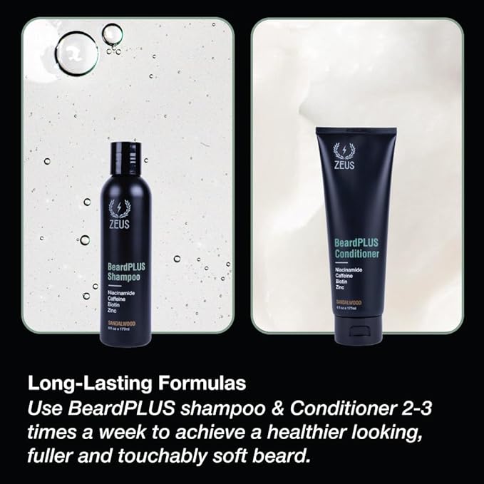 ZEUS BeardPlus Shampoo & Conditioner Beard Wash Set, Premium Beard Wash for Enhanced Growth, Thicker & Stronger Facial Hair with Biotin & Caffeine (Made in USA)