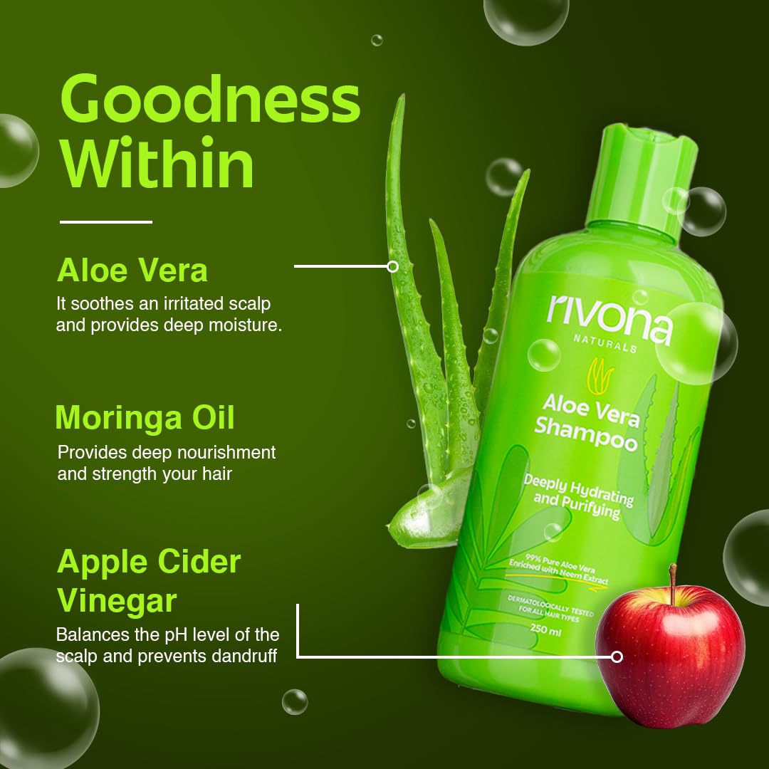 RIVONA NATURALS 99% Pure Aloe Vera hydrating Shampoo with Neem for Damaged, Dry and Frizzy Hair - Organic, Natural, Vegan, Sulfate, Alcohol and Paraben Free Shampoo