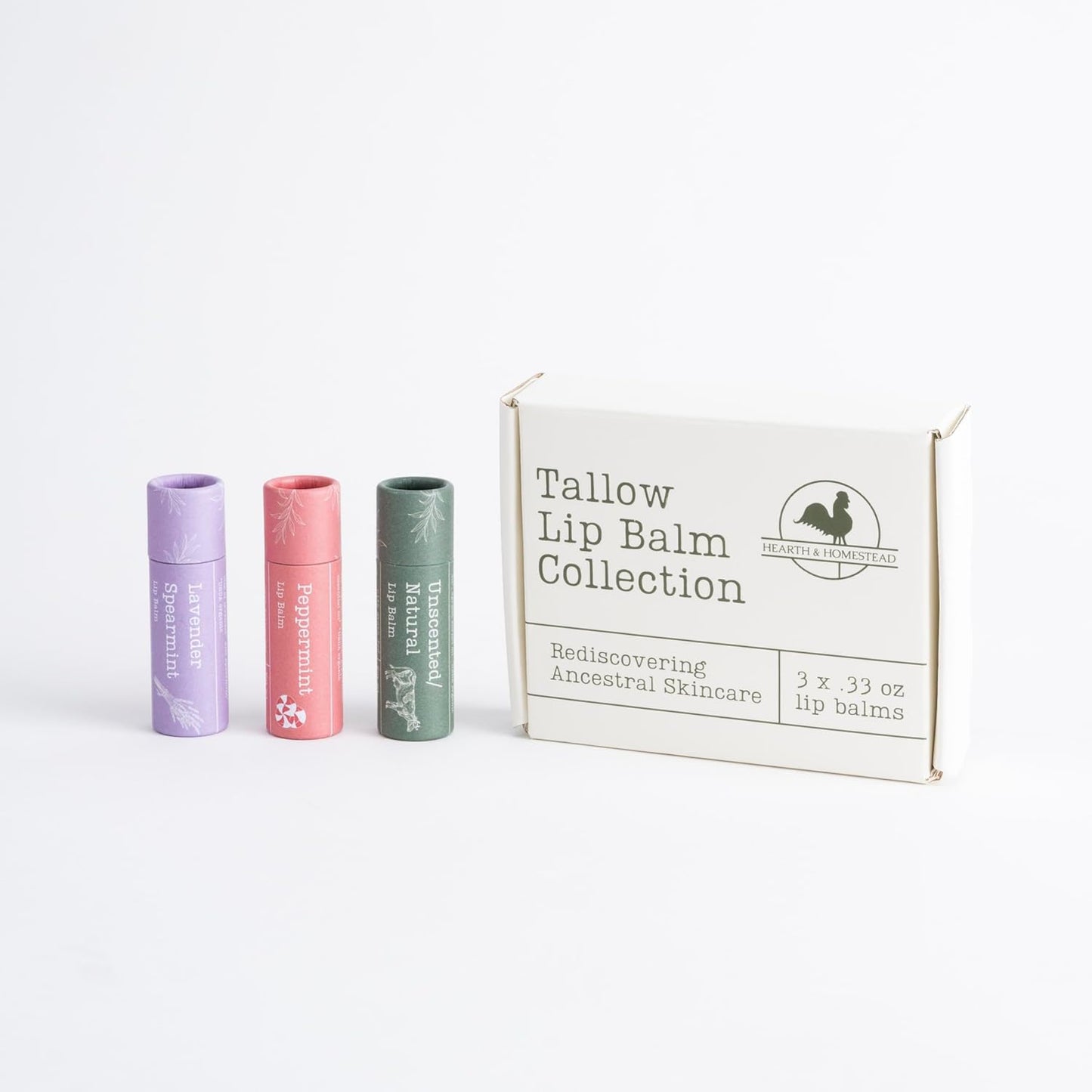 Hearth and Homestead: Handmade Tallow Lip Balm Collection: Unscented/Peppermint/Lavender-Spearmint (3x .33 oz)