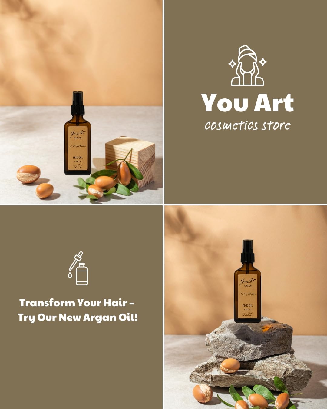 YouArt Organic Argan Hair Oil, Limited Edition, 3.88 fl.oz, Nourishing Treatment for Dry Hair