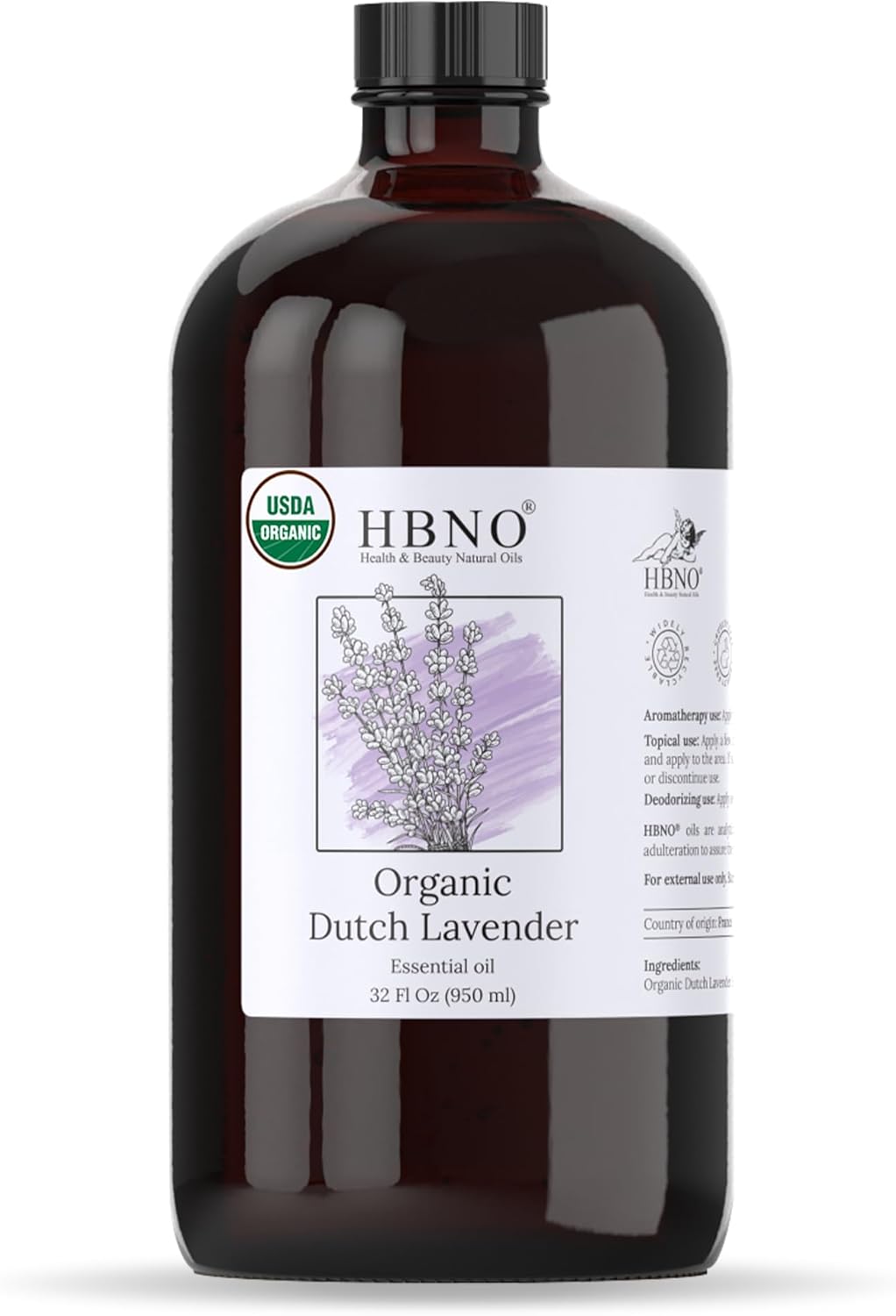 HBNO Organic Lavender Dutch Oil - 32 oz (950 ml) Large Size - Ideal for Shampoos, Conditioners, Mouth Washes, Face wash, Lotions, and Skin Care Products (Glass Bottle).