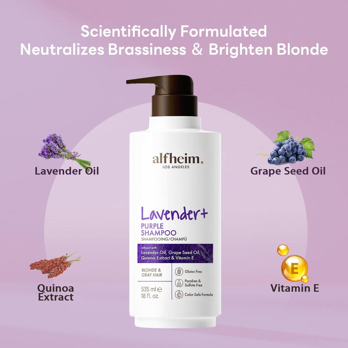 ALFHEIM Lavender+ Purple Shampoo for Blonde, Silver & Color-Treated Hair – Neutralizes Brass & Yellow Tones, Brightens Cool Shades – with Quinoa Extract & Vitamin E – Sulfate Free – 18 oz