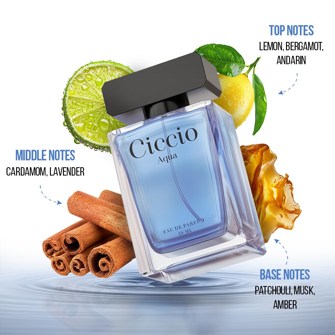 CICCIO Aqua Eau De Parfum for Men, Long Lasting Luxury Fragrance with Bergamot, Lemon, Mandarin & Lavender, Fresh Summer Scent, Daily Wear Perfume, 50ml