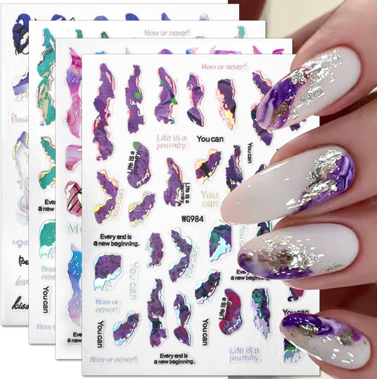 6 Color Marble Nail Art Stickers - Women's 3D Bronzing Silver & Watercolor Blooming Decals - Self Adhesive Foil Nail Designs