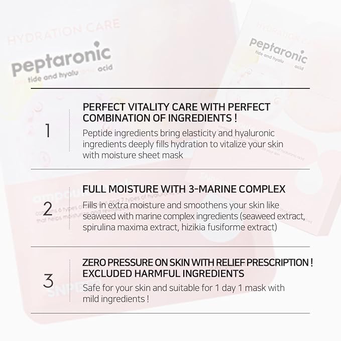 [K Beauty Snp] Peptaronic Ampoule Sheet Mask | Peptide and Hyaluronic Acid Sheet Mask | Hydrating, Moisturizing, and Friming for Dry Skin Types | Korean Skin Care Facial Mask | 10 Sheets