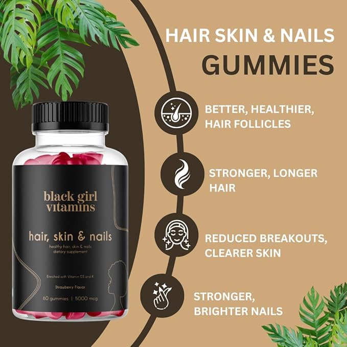 Black Girl Vitamins - Hair, Skin, and Nails Gummies with Biotin (6000 mcg), Zinc, Gelatin Free, Vitamin A, and Vitamin E - Gluten-Free. Made in The USA (Strawberry, 60 Count) 30 Day Supply