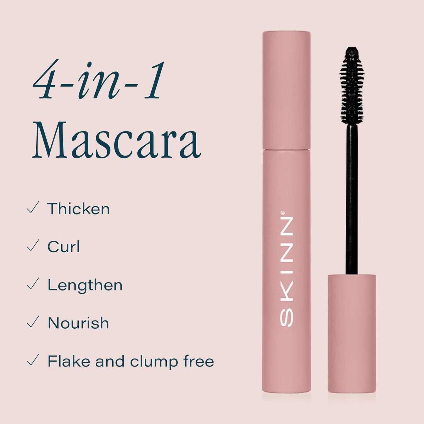 SKINN Lash-Redemption 4-in-1 Mascara - Eyelash Mascara with Soft Bristle & Hourglass Applicator Thickens, Curls, Lengthens & Nourishes Lashes - Alcohol-Free Formula, Clump & Flake Resistant