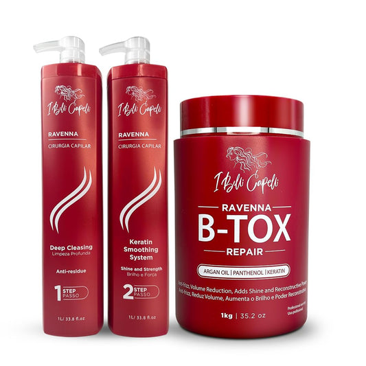 I Belli Capelli Ravenna Professional Keratin Hair B-tox -Cirugia Capilar para el Cabello, Smoothing, B-tox Hair Treatment, Celulas Madres Para el Cabello-Straightener System 3x1L 105.8oz
