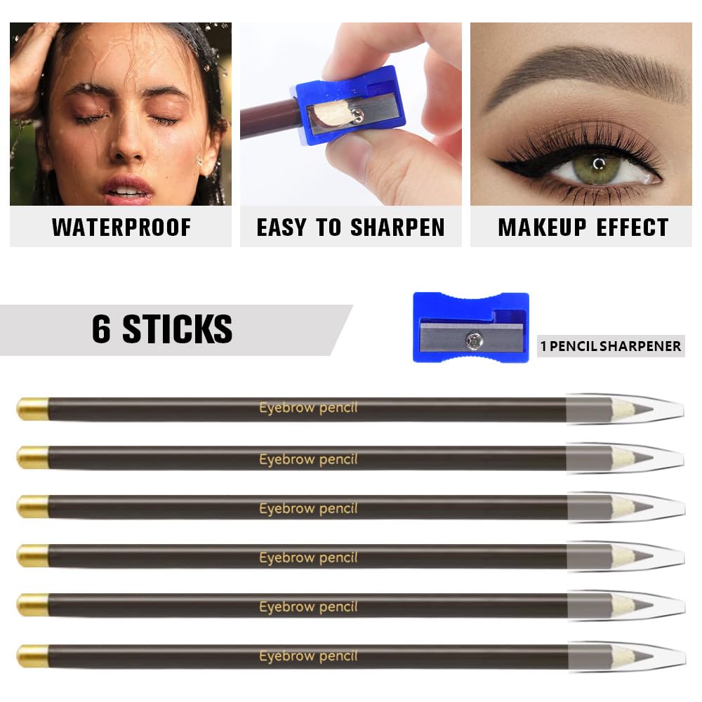6Pcs Gray Brown Eyebrow Pencils for Women,Wooden Hard-Core Eyebrow Eyeliner Pencil,Sharpener Included,Long Lasting Waterproof Sweat-proof Create a Natural Eye Brow Makeup,Beginner Brow Pencil,Vegan