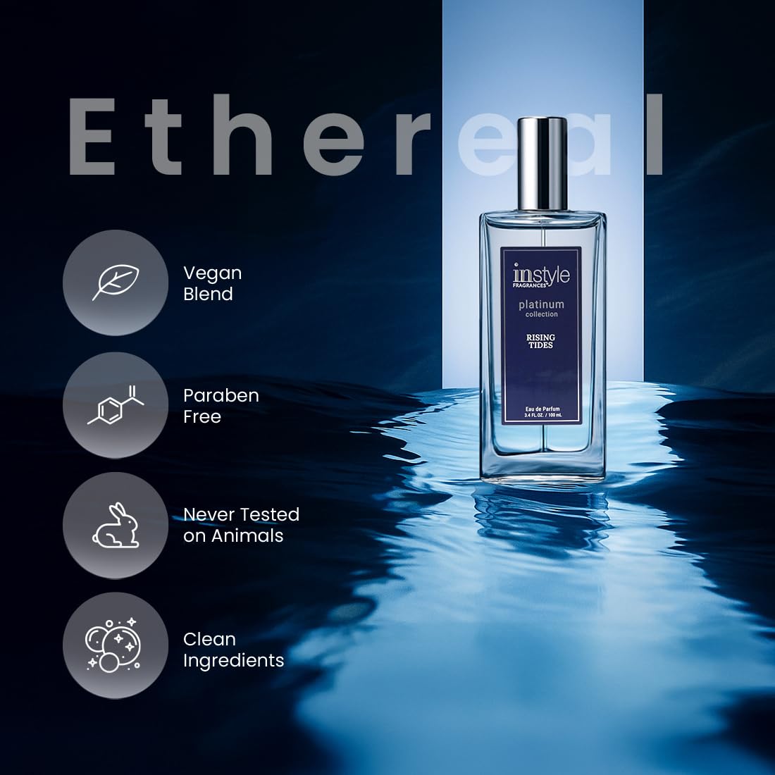 Instyle Fragrances Platinum Collection Rising Tides, Premium Men’s Eau de Parfum, CLEAN, Vegan, Paraben-Free, Never Tested on Animals, 3.4 Fluid Ounces