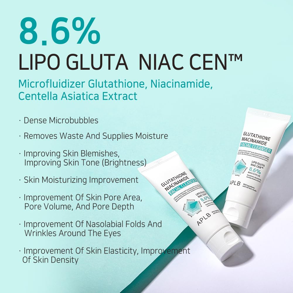 APLB Glutathione Niacinamide Facial Cleanser | LIPO GLUTA NIAC CEN™ 8.6% 2.71 FL.OZ/Korean Skincare, Cares for Tighten Pores & Sebum, Long lasting nourishment and deep moisture for soft skin