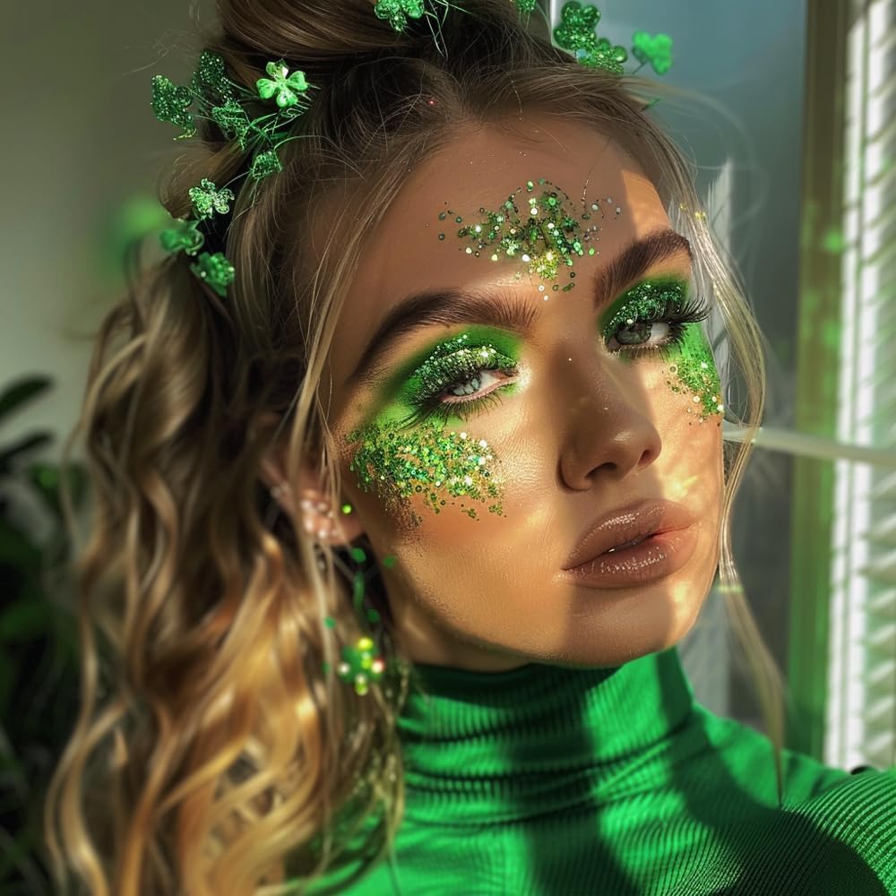 Mysense Green Body Glitter Stick,St Patricks Day Accessories,Mardi Gras Face Hair Glitter,Sparkling Mermaid Glitter Makeup,Chunky Glitter Face Paint,Festival Outfit Rave Accessories for Women and Kids