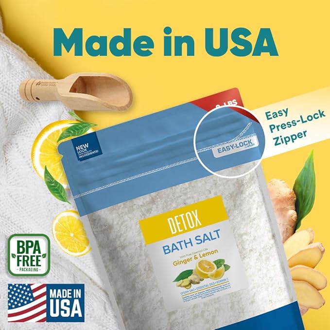 Detox Bath Salt 128 Ounces Epsom Salt with Natural Ginger and Lemon Essential Oils Plus Vitamin C in BPA Free Pouch with Easy Press-Lock Seal