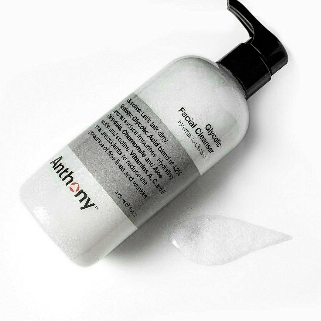 Anthony Glycolic Facial Cleanser for Men, Daily Exfoliating & Hydrating Face Wash, Shave Prep, Non-Foaming, Deep Cleansing, Gentle on Sensitive Skin, Removes Dirt & Oil, Smooths Texture, 16 Fl Oz