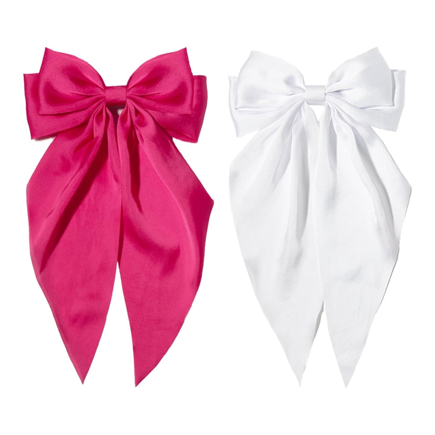 Furling Pompoms Hot Pink Bows Hair Clips for Women Large Bow Clip for Girls Satin Long Tails with Alligator Clips White Big Hair Bow Hair Accessories Pack of 2