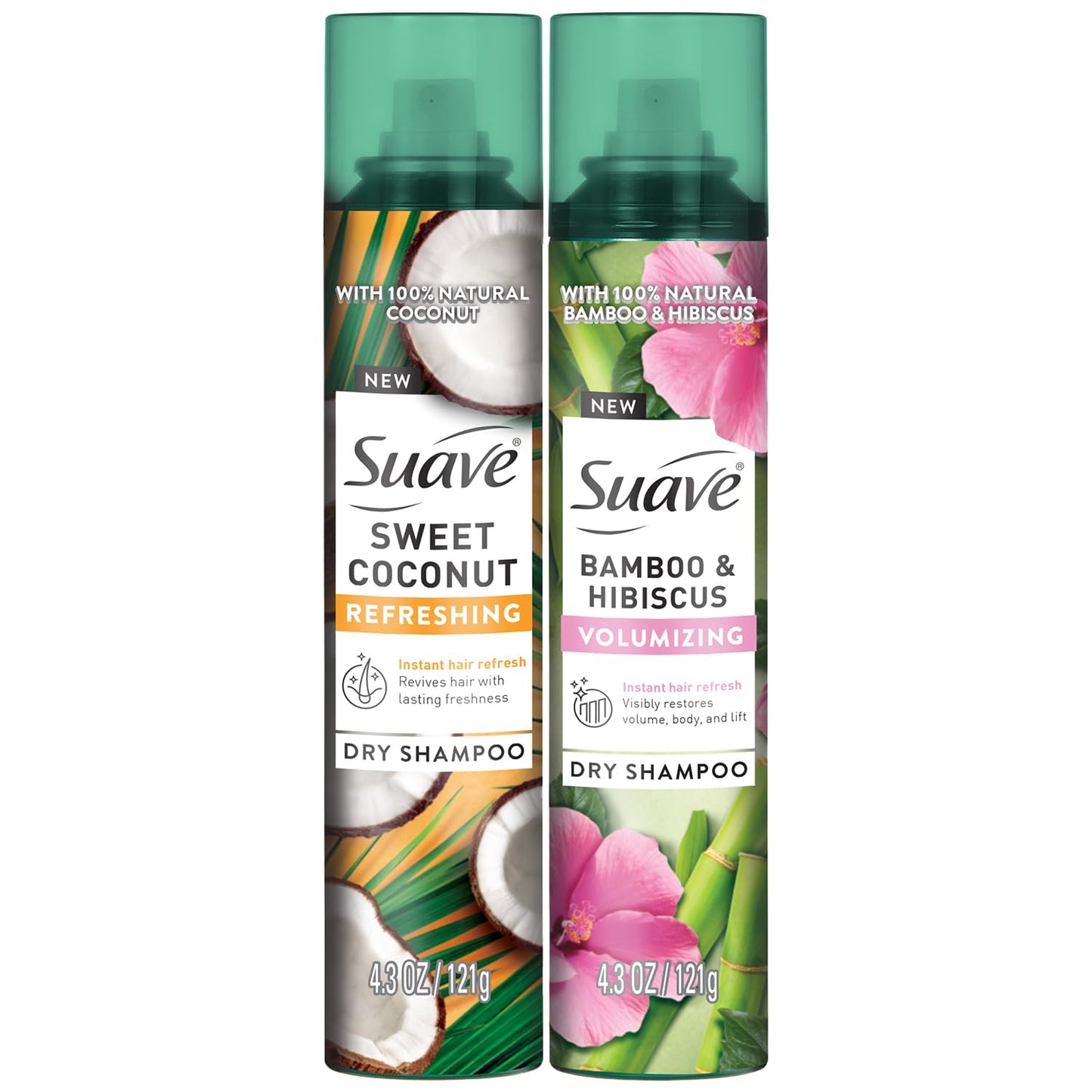 Suave+ Dry Shampoo Spray Variety 2-Pack – Volumizing Bamboo & Hibiscus, Refreshing Sweet Coconut, 4.3 Oz Ea