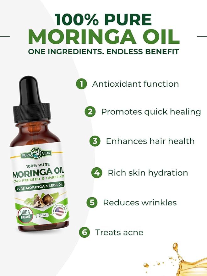 USDA Organic Moringa Seed Oil: 100% Pure, Cold Pressed, Unrefined Moringa Oleifera Seed Oil. 2 oz Bottle with Treatment Pump. For Skin and Hair - Food Grade for Oral Consumption