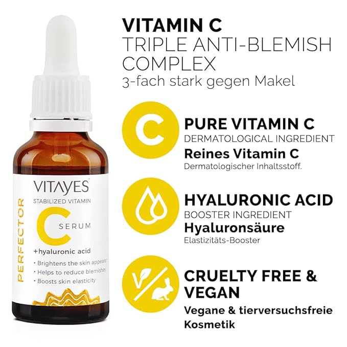VITAYES Vitamin C Face Serum Anti Aging Serum with Hyaluronic Acid Skin Hydrating & Brightening for Dark Spots, Fine Lines and Wrinkles 1 Oz.