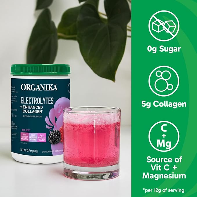 Organikа Electrolytes with Enhanced Collagen Powder for Women & Men - 360g - Wild Berry-Flavored Effervescent Electrolyte & Collagen Drink Mix - Deep Hydration, Mobility, Skin, Hair, & Nails