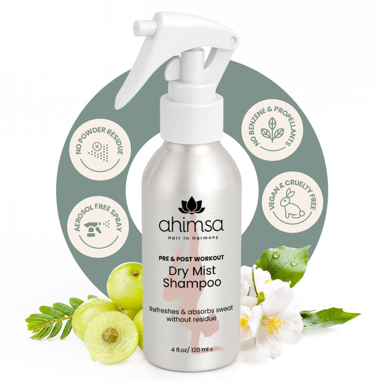 Ahimsa Dry Shampoo Mist Spray 120ml - Non-Aerosol Post-Workout Dry Shampoo Spray for Women Natural No White Residue, Volumizing Refreshing Hair Care, Effectively Absorbs Oil and Sweat, Jasmine Aroma