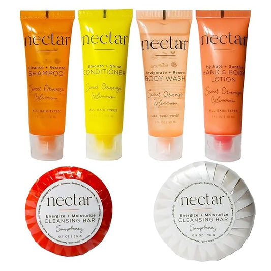 Nectar Mini Travel Size Toiletries Bathroom Kit | Sweet Orange Blossom| Shampoo, Conditioner, Body Wash, Lotion, Two Round Cleansing Bars & Body Bar