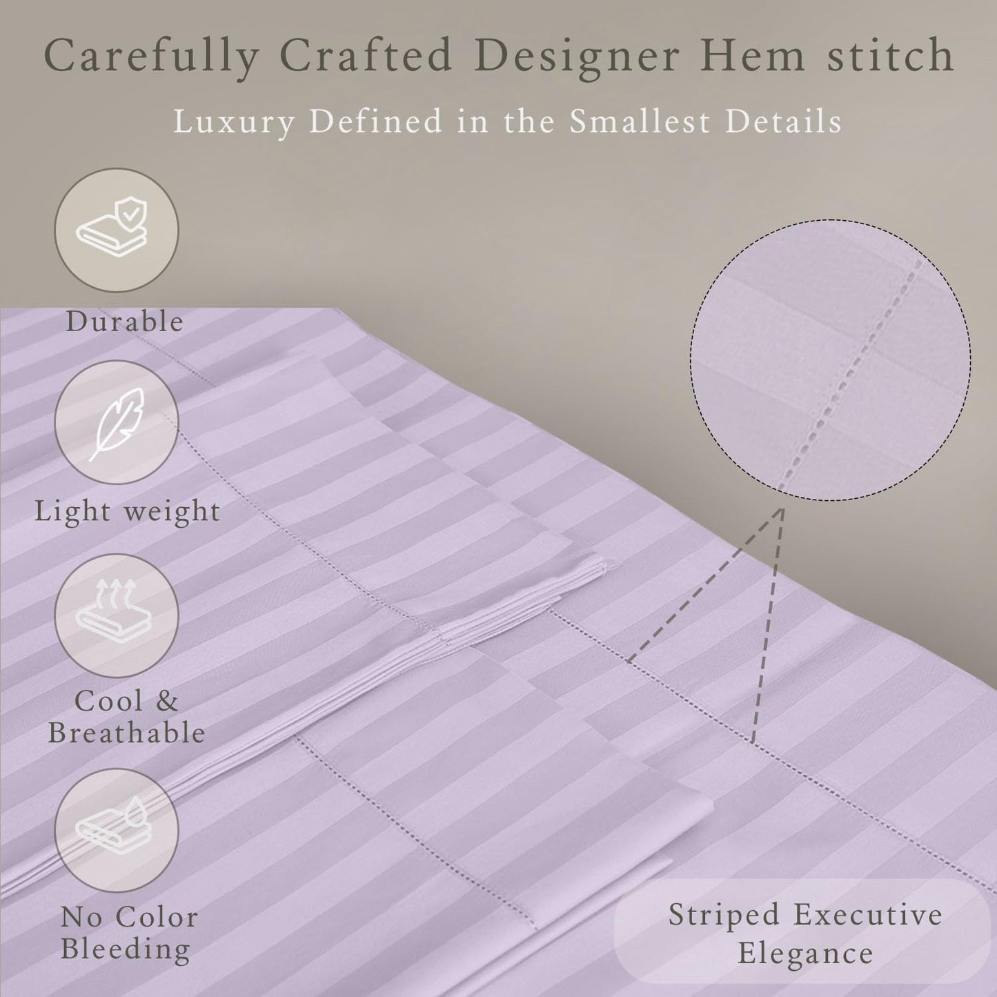 Threadmill 500 Thread Count King Size Damask Stripe, 4 Pc Luxury Cotton Bed Sheet Set, Silky Soft & Breathable Lilac Sheets with 16" Elasticized Deep Pocket, 2 Pillowcases & Free Tote Bag