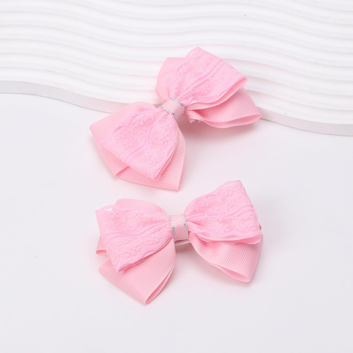 4-Inch Hair Bows Alligator Clips Delicate Lace Hair Accessories for Girls, Toddler, Kids and Women Daily Dress Up Birthday Wedding Christmas Occasions- Set of 2 (Pink)