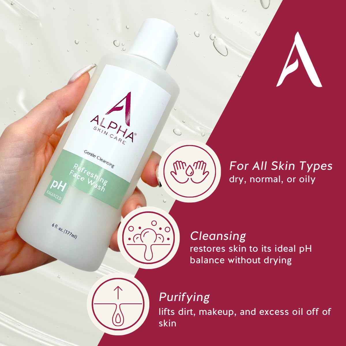 Alpha Skin Care Refreshing Face Wash, Gentle Soap-Free Formula, Citric AHA, Cleanses, Purifies, Tones & Restores pH, All Skin Types, Removes Make-Up & Oil, Anti-Aging Ingredients, 6 Oz, Pack of 3