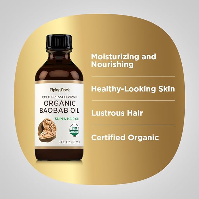 Piping Rock Baobab Oil Organic | 2 fl oz | For Hair, Skin, and Face | Cold Pressed Virgin