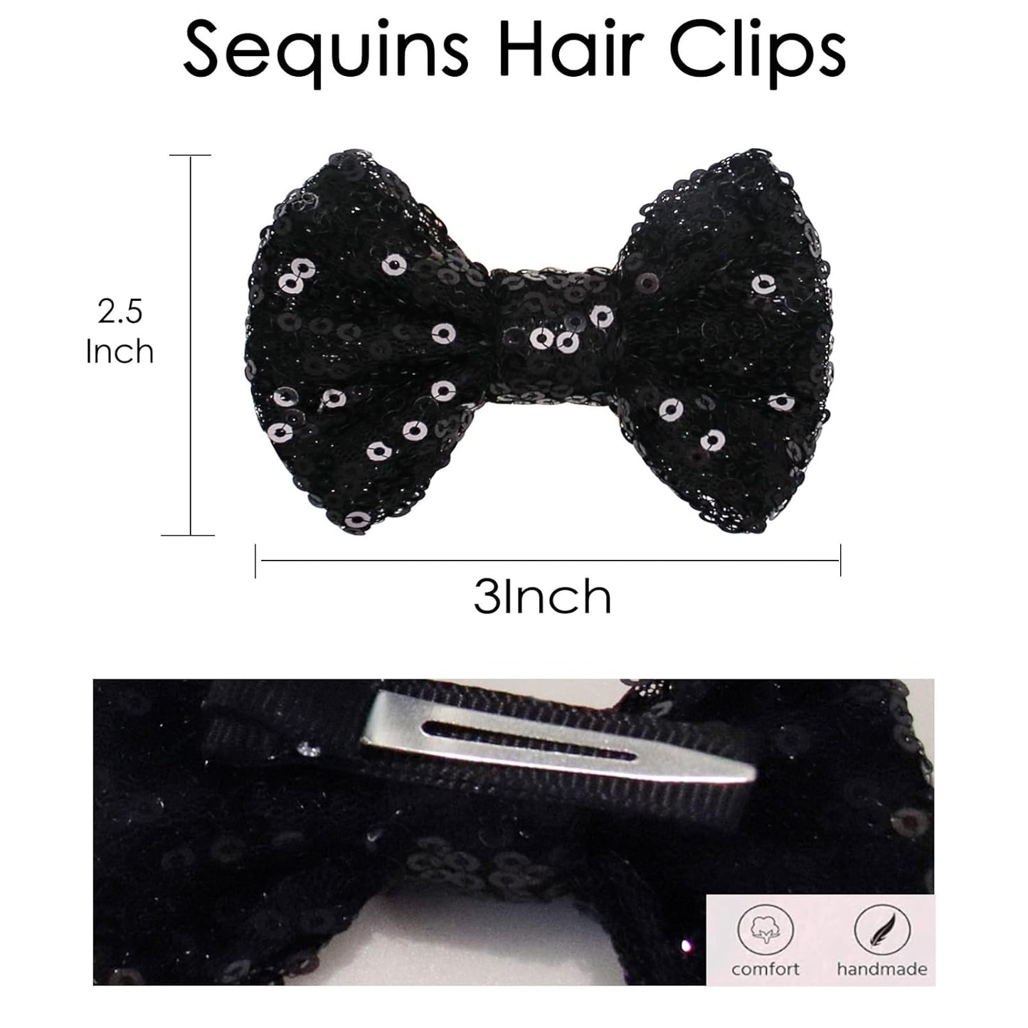 KISZU 3 Inch Glitter Hair Bows Clips, Sparkling Sequin Little Bow HairPins for Baby Girls Children Teens and Women (Black)