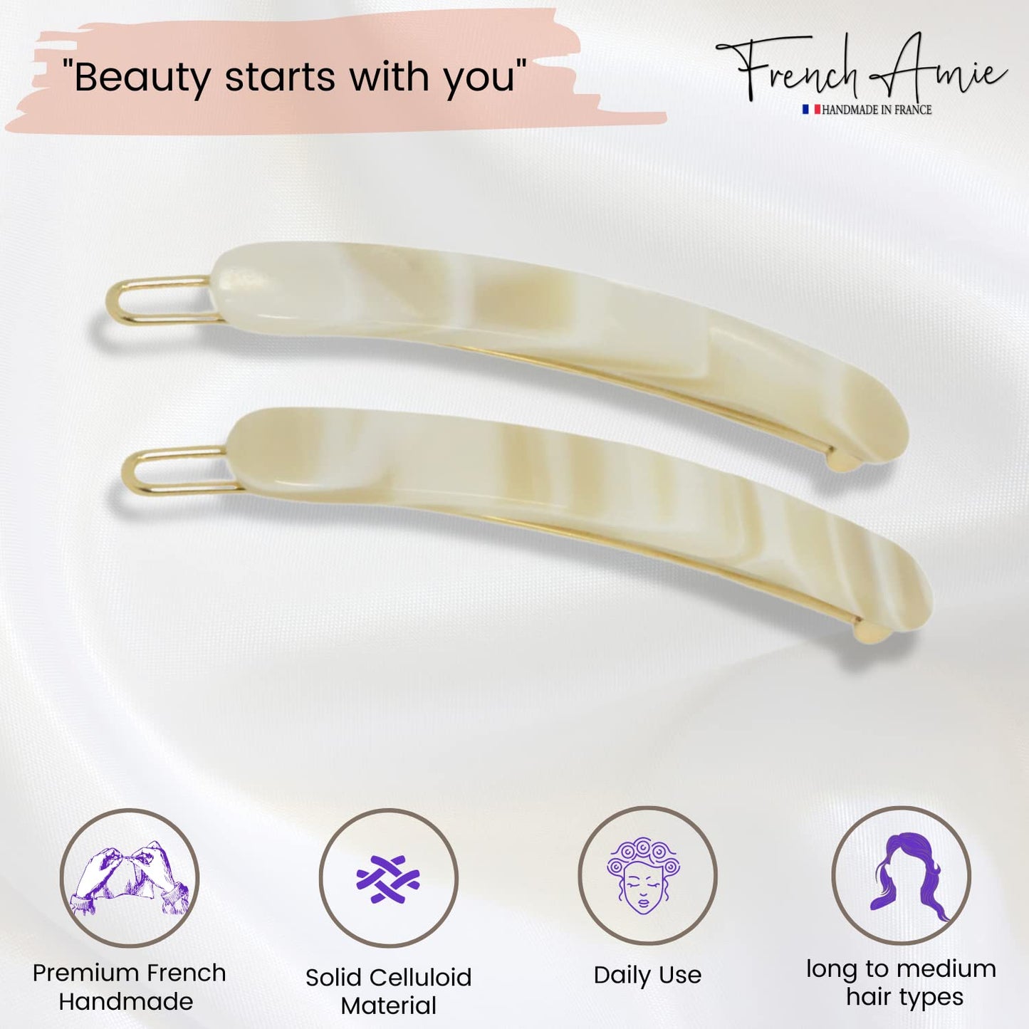 French Amie Rounded Oblong Small 2.5" Cellulose Set of 2 French Hair Clips Tige Boule Handmade Girls Side Slide-in Hair Barrette Clip (Cream Ivory)