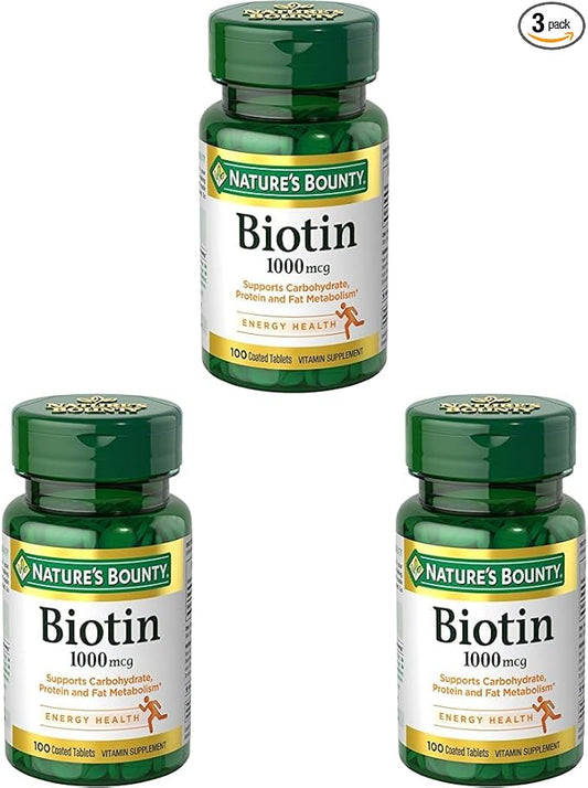 Nature's Bounty Biotin, Vitamin Supplement, Supports Metabolism for Cellular Energy and Healthy Hair, Skin, and Nails, 1000 mcg, 100 Tablets (Pack of 3)