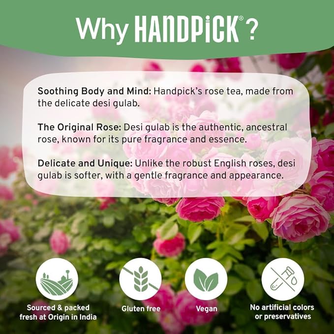 HANDPICK, Rose Buds Herbal Tea Bags - 50 Count | Caffeine Free Tulsi Tea with Chamomile & Rose Extracts | Floral & Smooth | Round Eco-conscious Tea Bags