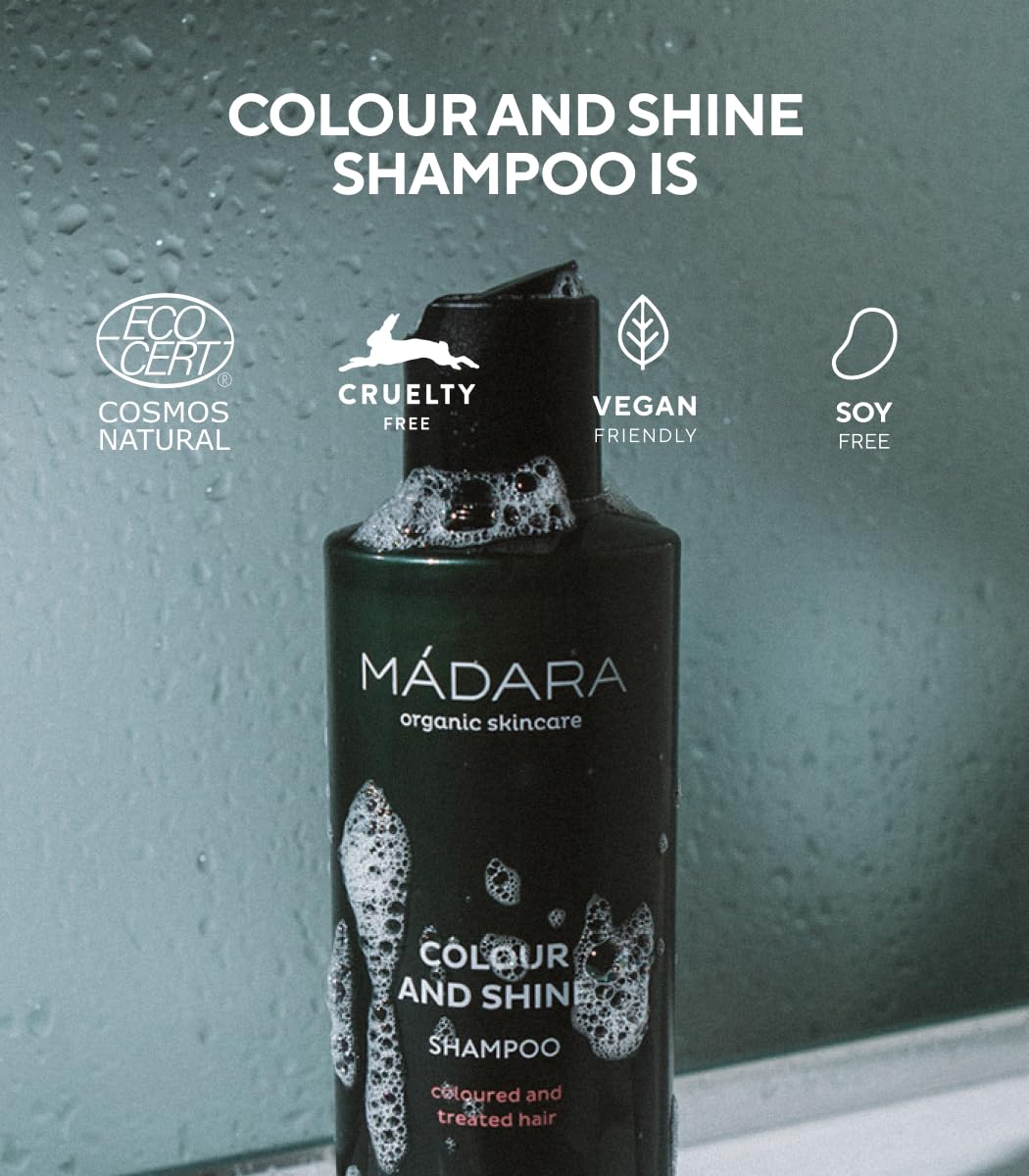 MÁDARA Organic Skincare | Colour and Shine Shampoo, 200ml – Natural shampoo for coloured hair, Helps maintain colour and lustre, Nature-inspired hair care, Vegan, COSMOS Natural certified