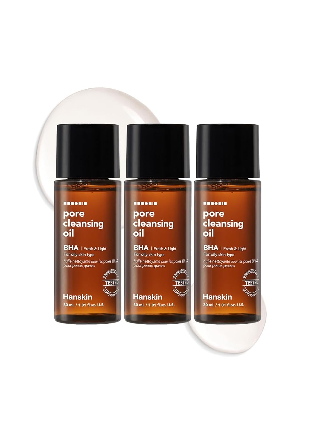 Hanskin BHA Pore Cleansing Oil, Sample Trial Size, Travel Size Mini Makeup Remover Set, Gentle Blackhead Cleanser for Combination and Oily Skin [30 ml/Pack of 3]