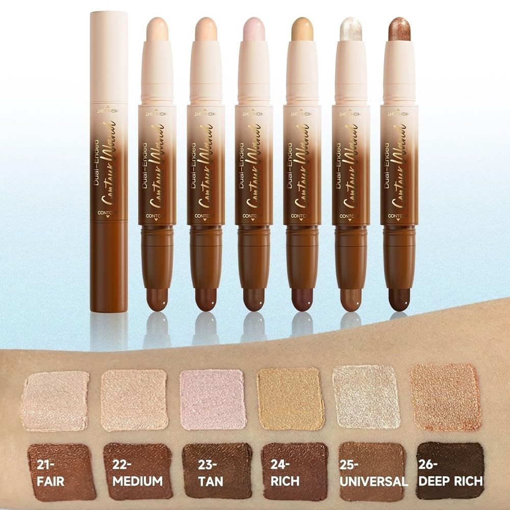 Nude Brown + Nude Contour Stick Dual Ended Face Body Makeup Waterproof no Transfer, 2 in 1 Cream Concealer Stick Contouring Makeup Kit, Nose Contour Bronzer Sticks Face Highlighter Make up