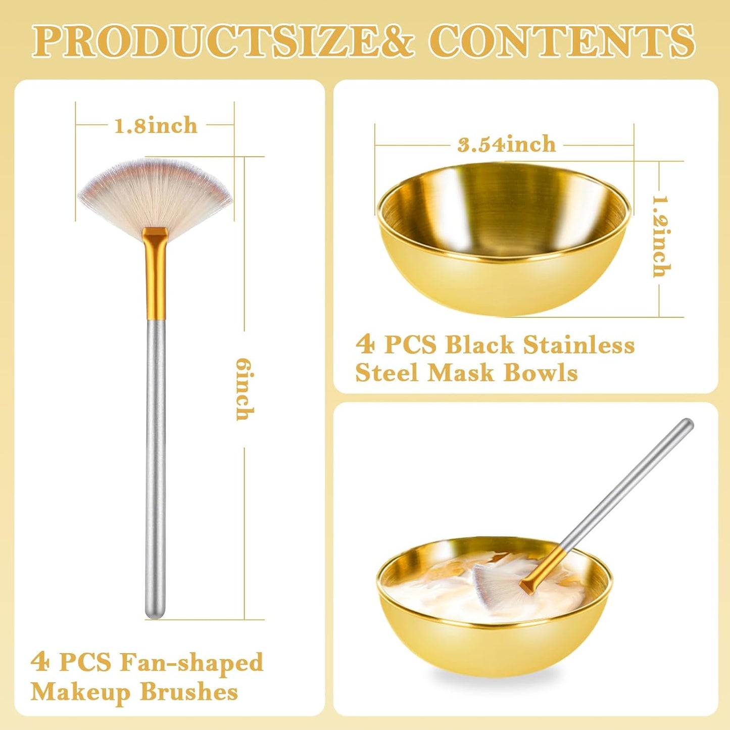 8 Pcs Gold Facial Bowl and Brush Set 4 Gold Stainless Steel Mixing Bowls 4 Facial Fan Brushes Esthetician Face Mask Brush for Mud Cream Makeup Spa Salon (8 Pcs)