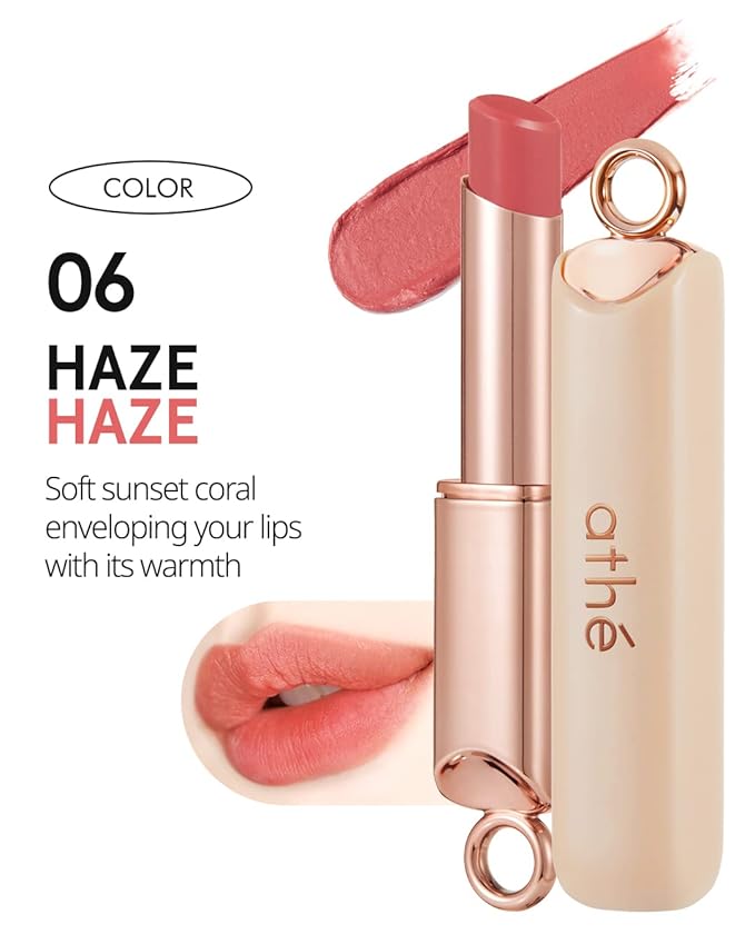 ATHÉ Authentic Airy Lip Balm 06 HAZE, Korean Vegan Color Lip Blam, Flake-Free Slim Fit Lips, Silky Powdery Finish & Air-like Blurring with Vibrant Colors, 0.11oz.