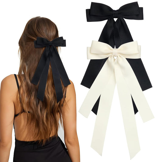 Bow Hair Clips 2PCS Set for Women and Girls - Black White Ribbon Bows for Hair, with Long Tail, Alligator Clip (Black & Beige)