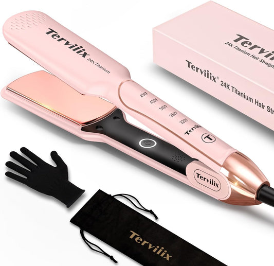 Terviiix Titanium Flat Iron Hair Straightener - ARC Non-Snagging for Smooth, One-Swipe Results, Salon-Grade Wide 1-3/4 Inch Straightening Iron Saves Time on Thick, Curly, Black & Natural Hair, Pink