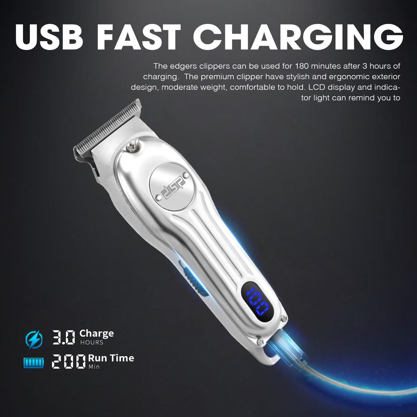 DSP Beard Trimmer for Men, Cordless Hair Clipper Shavers, Facial Hair Trimmer for Beard & Mustache Trimming, Professional Haircut Kit for Men Rechargeable LED Display (Silver)