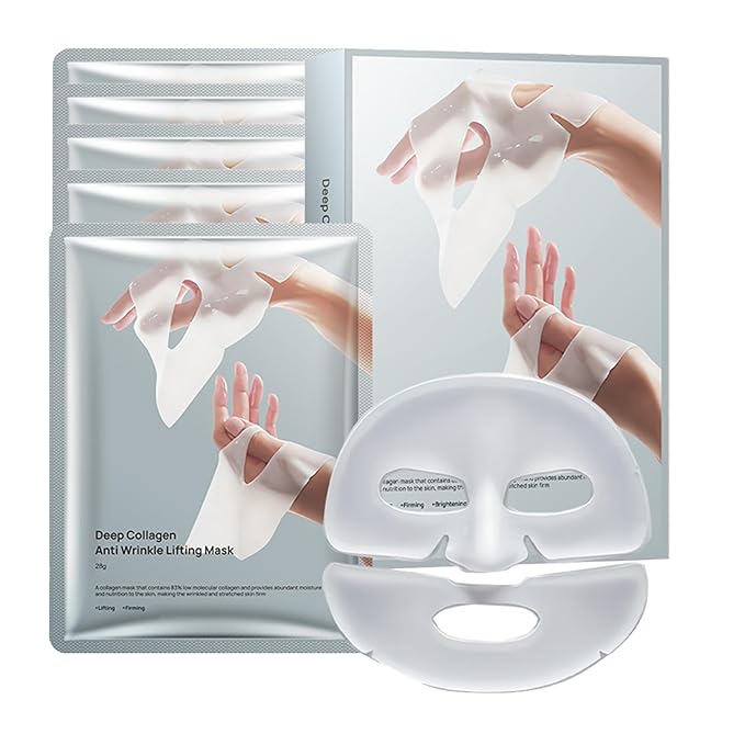 5 Pcs Collagen Sheet Mask, Glass Skin Deep Hydrating Face Masks, Overynight Face Mask for All Skin Types Face Tightening Firming and Moisturizing, Anti Wrinkle Collagen Real Deep Mask for Woman