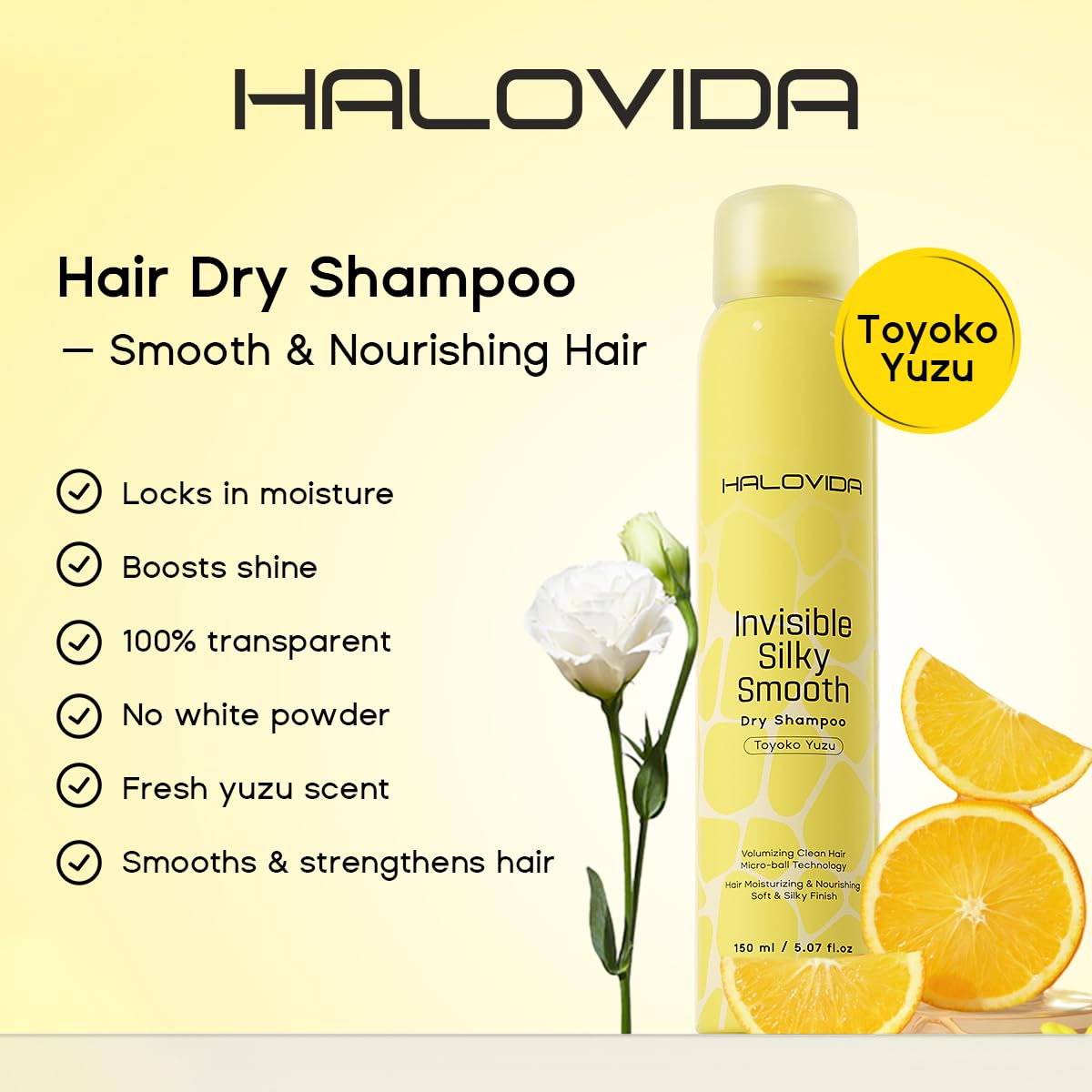 HALOVIDA Dry Shampoo for Women, Dry Shampoo Spray for All Hair Leaves No White Residue, Absorb Oils, Volumizing & Refresh Hair for 72 Hours, 5.07 Fl Oz (Yuzu)