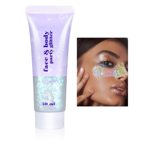 Boko 50ML Body Glitter Gel, Iridescent White Chunky Glitter Gel for Face Hair Body Sparkle Makeup, Mermaid Face Glitter Sequins for 4th of July Independence Day Party Rave Accessories