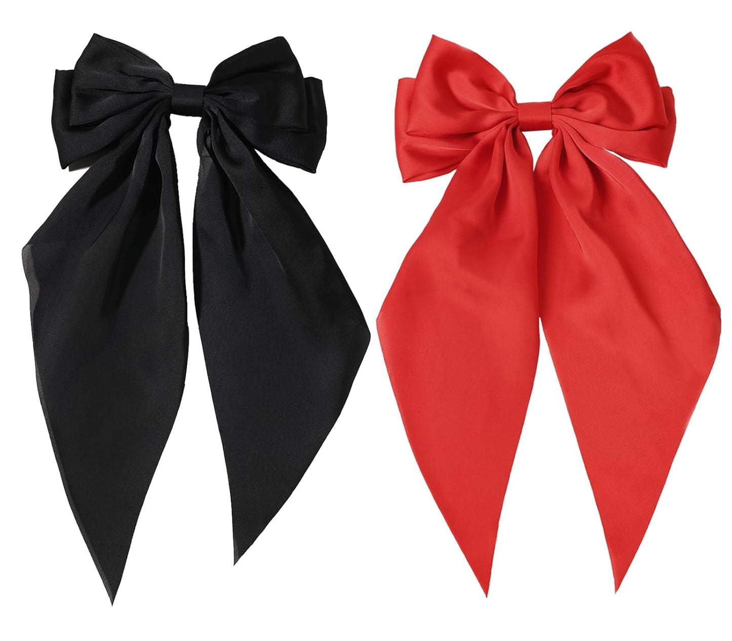 Furling Pompoms Red Hair Bow,Black Satin Bows for Hair,Long Tail Hair Bow Barrette Clips