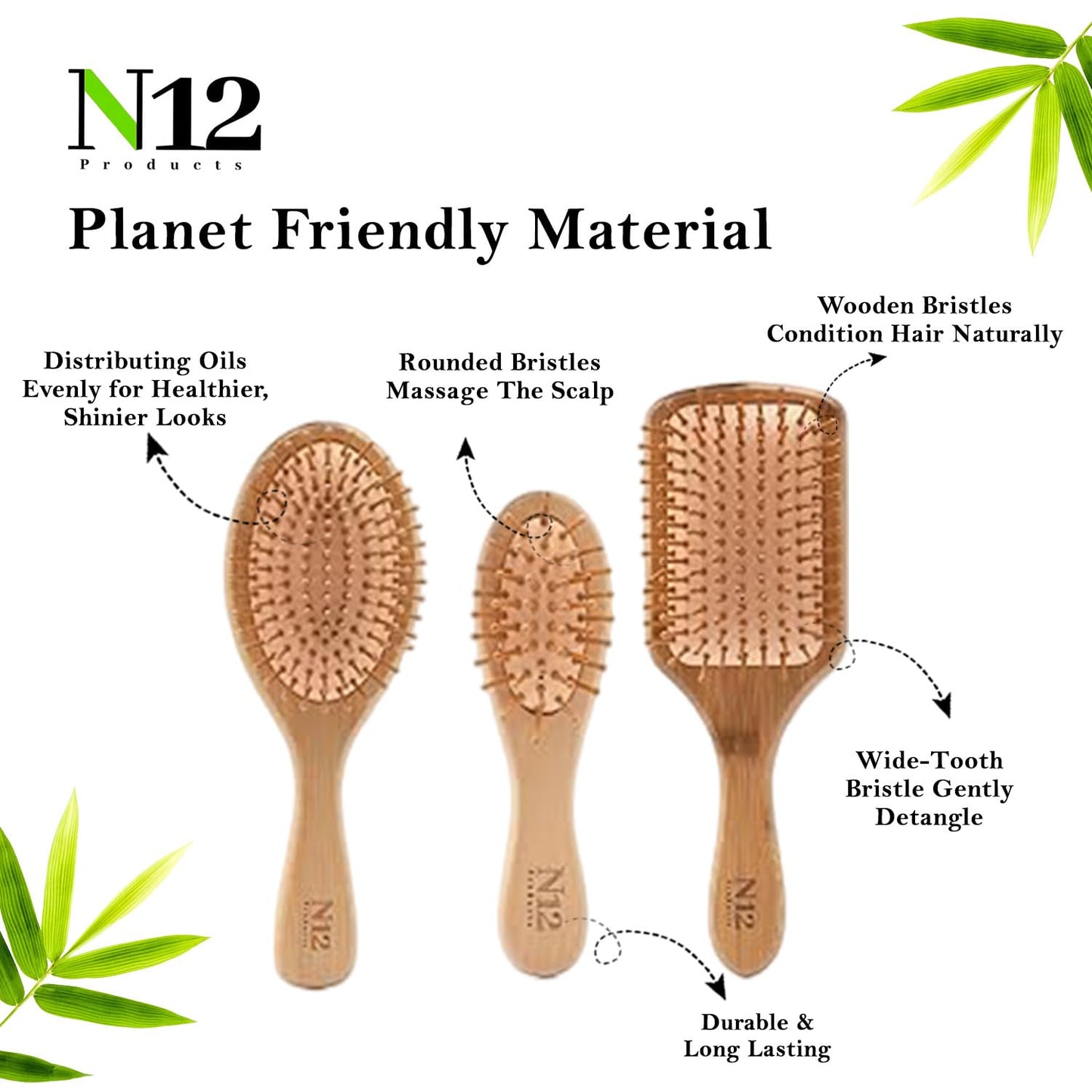 N12 Set of 3 Bamboo Wooden hairbrush for Women Men and Kids - Anti-Static Comb for Scalp Massage, Detangling Styling Frizz Control Breakage Reduction, Knot-Free Curly Thick Long Fine Dry Wet Hair
