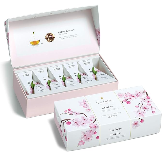 Tea Forte Cherry Blossom Organic Green Tea, Petite Presentation Box Tea Gift Set Sampler with 10 Handcrafted Pyramid Tea Infusers