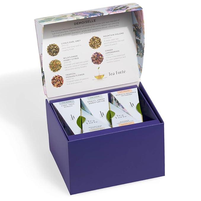 Tea Forte Demoiselle 3-Piece Premium Tea Gift Set with Indigo Cafe Cup and Lid, Tea Tray and 10 Count Mini Presentation Box, 2 of Each Blend Handcrafted Pyramid Infuser Tea Bags