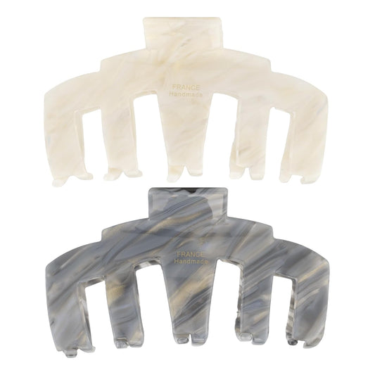 2 Pack French Handmade Marble Acetate Claw Clips, Cream & Gray Large Hair Claw Clips for Thick Hair, Luxury Hair Accessories